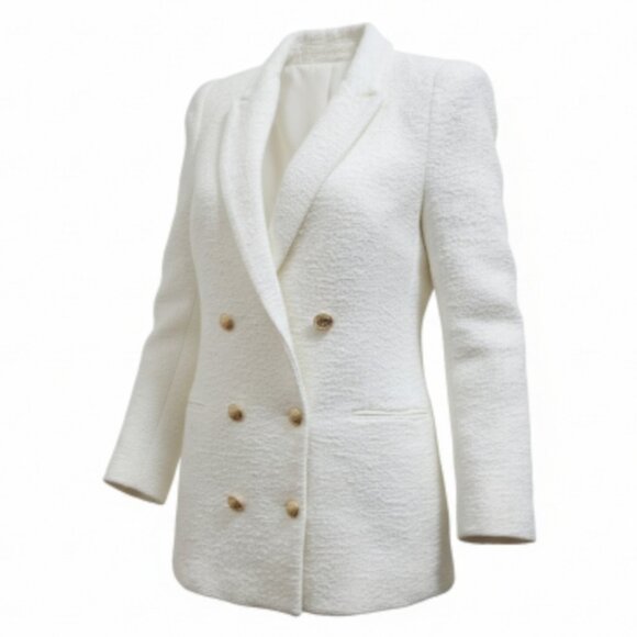 ZARA White Bouclé Double Breasted Blazer Gold Buttons Textured Jacket Women’s S - Picture 2 of 15
